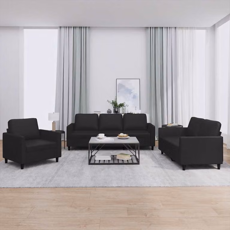 vidaXL Set di Divani 3 Pezzi Moderni in Similpelle Nera con Cuscini per Soggiorno