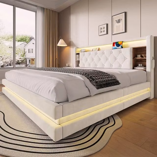 Letto contenitore Mivray in velluto beige con testiera multifunzione LED, porte USB e Type-C, L/P: 180 x 200 cm – 1