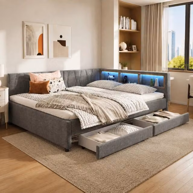 Letto da giorno ULEVR 140x200 cm con 2 cassetti, LED regolabile, USB e Type-C, lino grigio