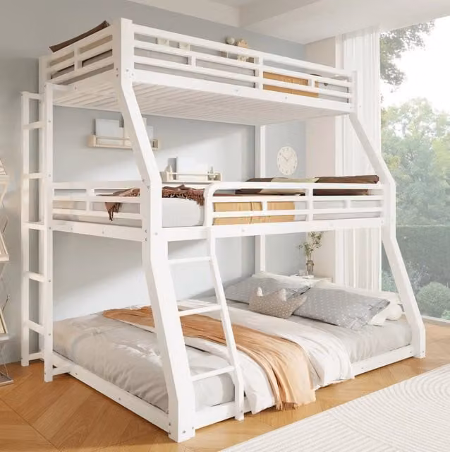 Letto a castello triplo in metallo 140 x 200 cm con 2 scale; bianco