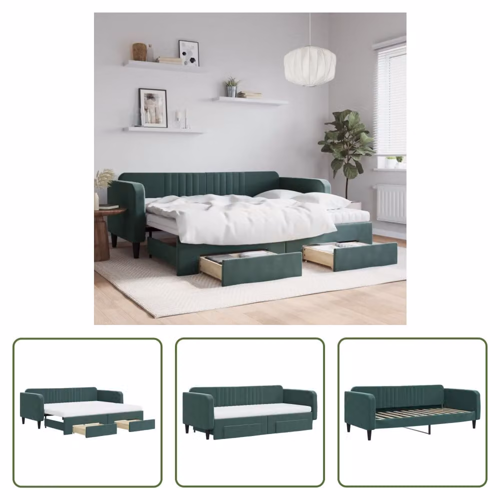 The Living Store Letto da giorno allungabile con cassetti Verde scuro 90x200 cm in velluto