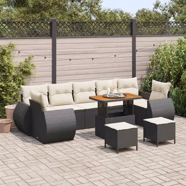 vidaXL Set Divano da Giardino a L con 10 Pezzi, Nero e Beige, con Cuscini e Tavolino da Caffè
