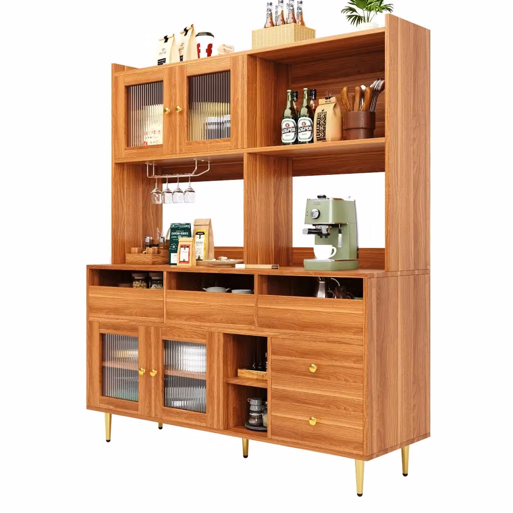 Madia Alta Moderna in MDF con Cassetti, Ripiani Aperti, Portabottiglie e Ante in Vetro Rigato, Colore Noce Marrone, L/P/H: 145 x 39 x 171 cm – 2