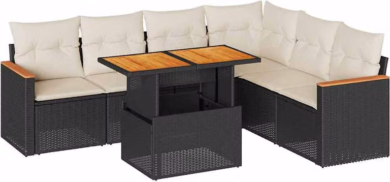 Set Divani da Giardino con Cuscini 7pz Nero Polyrattan Acacia