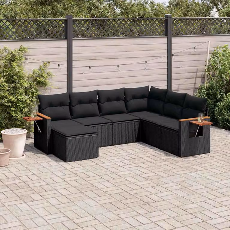 vidaXL Set Divani da Giardino a L con Cuscini 7pz Nero Polyrattan e Legno di Acacia