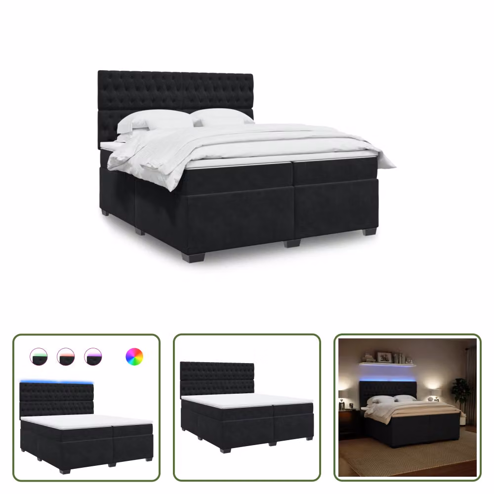 The Living Store Letto a molle con materasso nero 200x200 cm in velluto