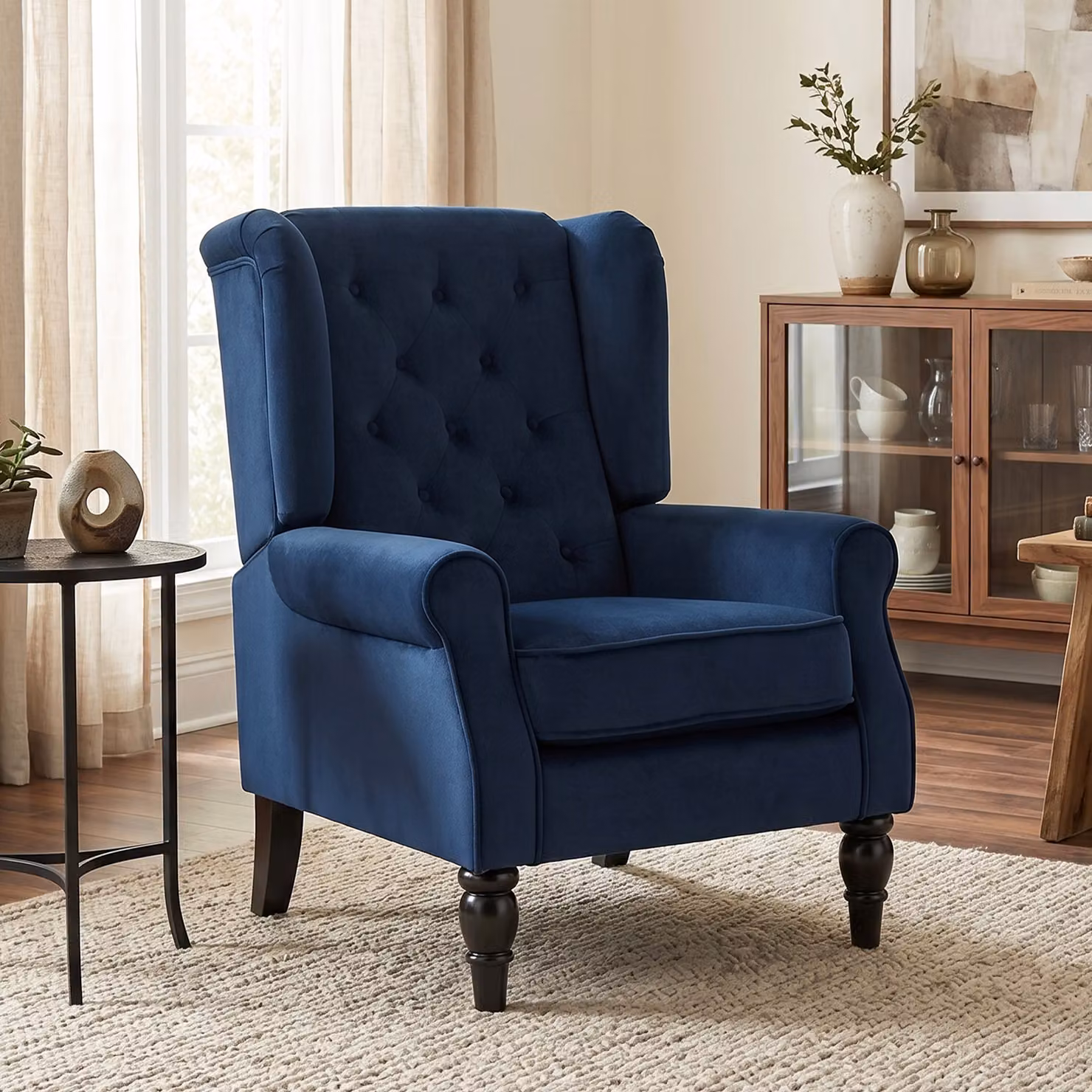 Poltrona da salotto HOMCOM in stile classico con seduta capitonné e piedini in legno, Blu Scuro, L: 74 cm, P: 86 cm, H: 102 cm – 2