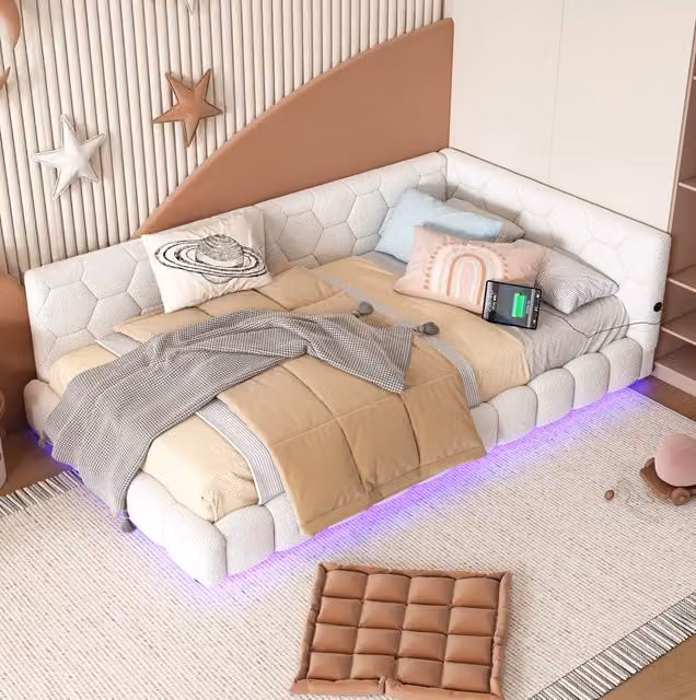 Divano letto 90x200 cm con luce LED 16 colori; USB e Type-C; velluto; bianco (Senza materasso)
