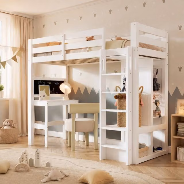 Letto a soppalco ULEVR 90x200 cm con scrivania, lavagna bifacciale e guardaroba aperto, bianco