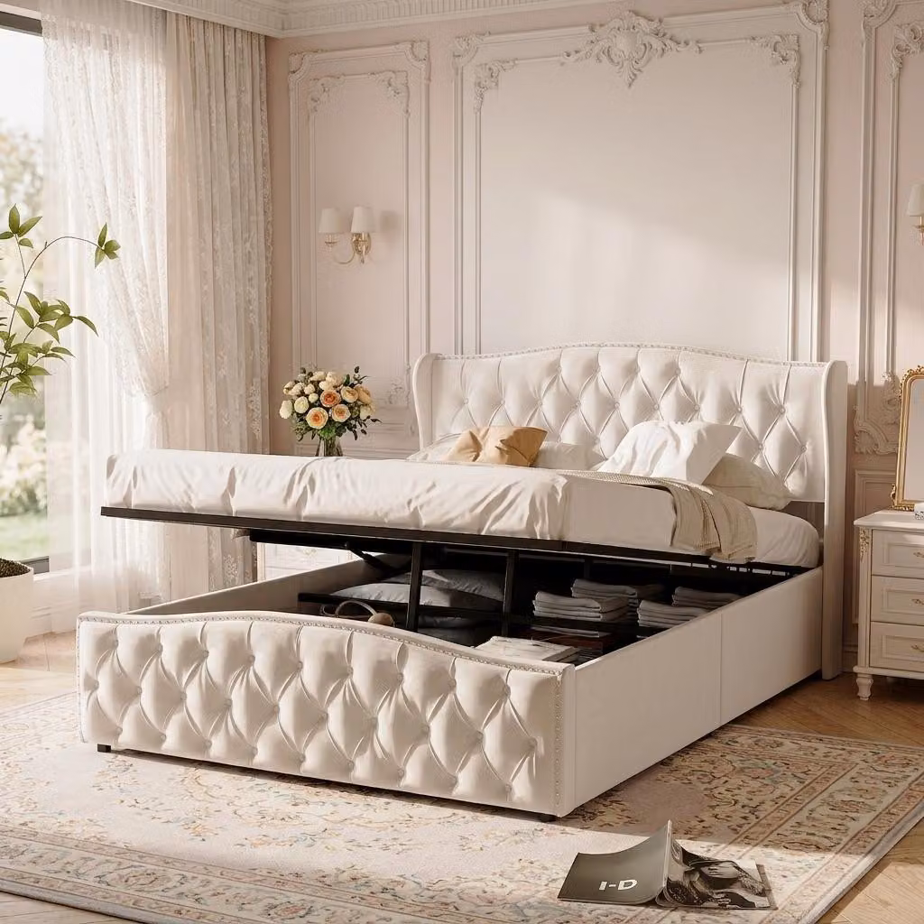 Letto imbottito INONEFT, modello boxspring, 140x200 cm, con spazio contenitore ad apertura idraulica, letto per ragazzi, letto matrimoniale con rete a molle, letto contenitore, in velluto, color beige