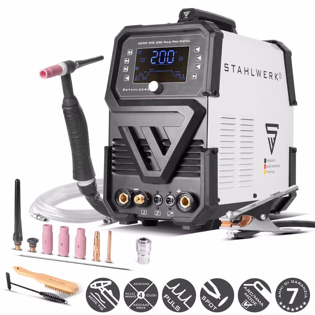 STAHLWERK saldatrice ad arco schermato AC/DC TIG 200 Puls Pro Digital - Inverter combinato con 200 A, funzione MMA, funzione impulsi e spot, per alluminio e lamiere sottili