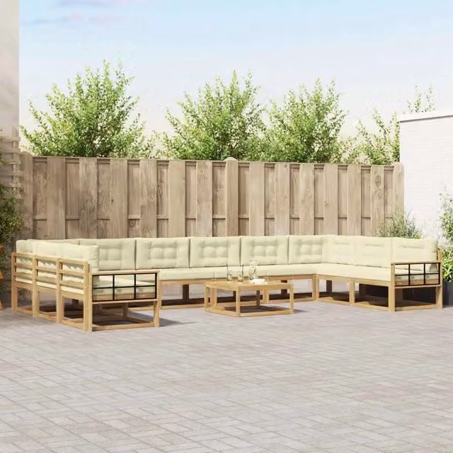Set di divani da esterno a L vidaXL in legno di acacia con cuscini Bianco e Beige, 11 pezzi – 1