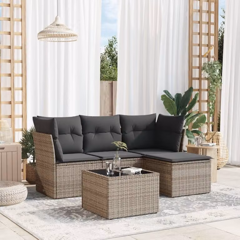 vidaXL Set Divano da Giardino 5 pz a L con Cuscini Grigio in Polyrattan e Acciaio