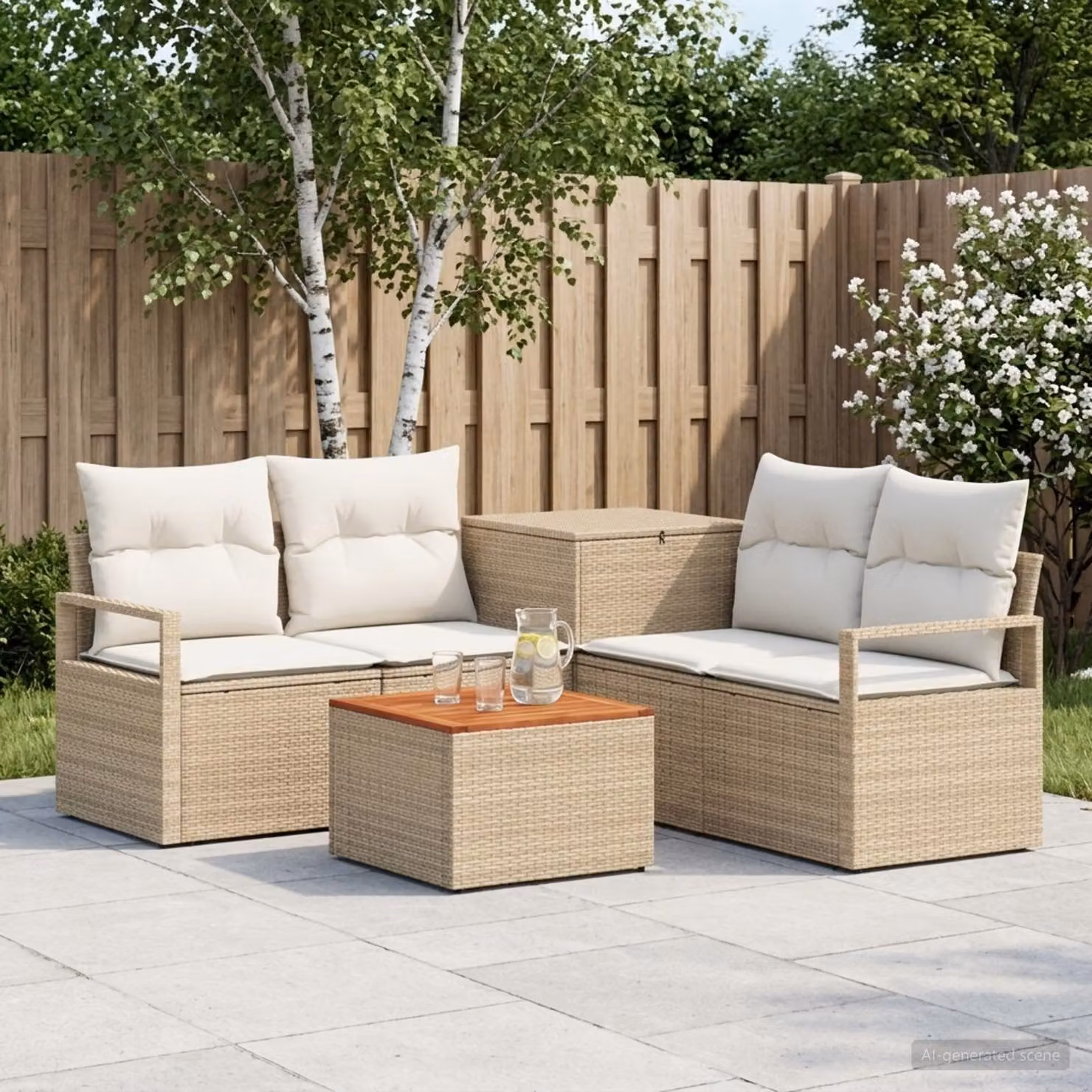 Set di divani da giardino vidaXL in polyrattan beige e bianco crema con tavolo da caffè e cuscini inclusi