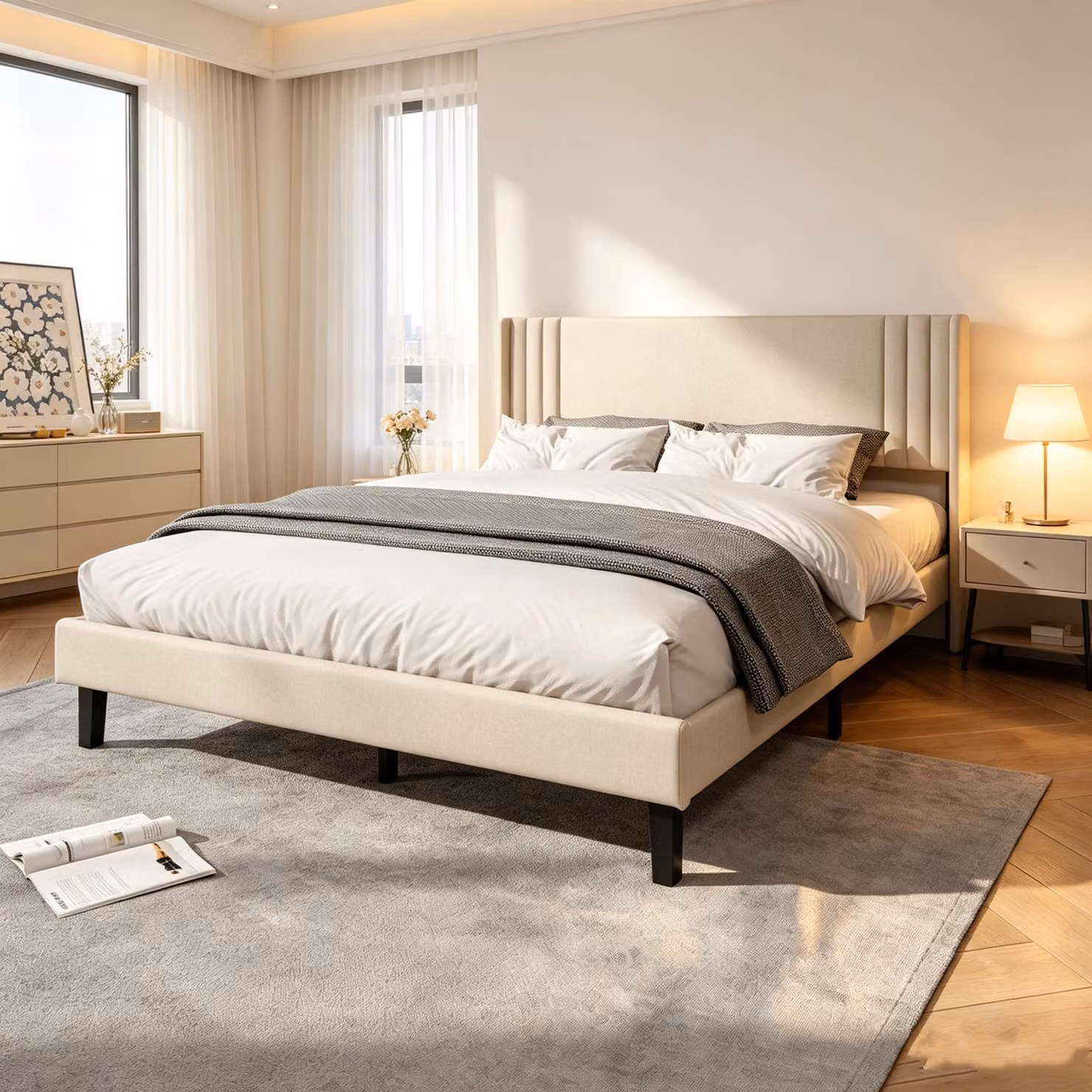 Letto matrimoniale con boxspring, imbottito, 140x200 cm. Letto a due piazze con rete a doghe. Struttura robusta in legno e metallo. Letto per giovani con testiera. Colore: beige. Tessuto: lino