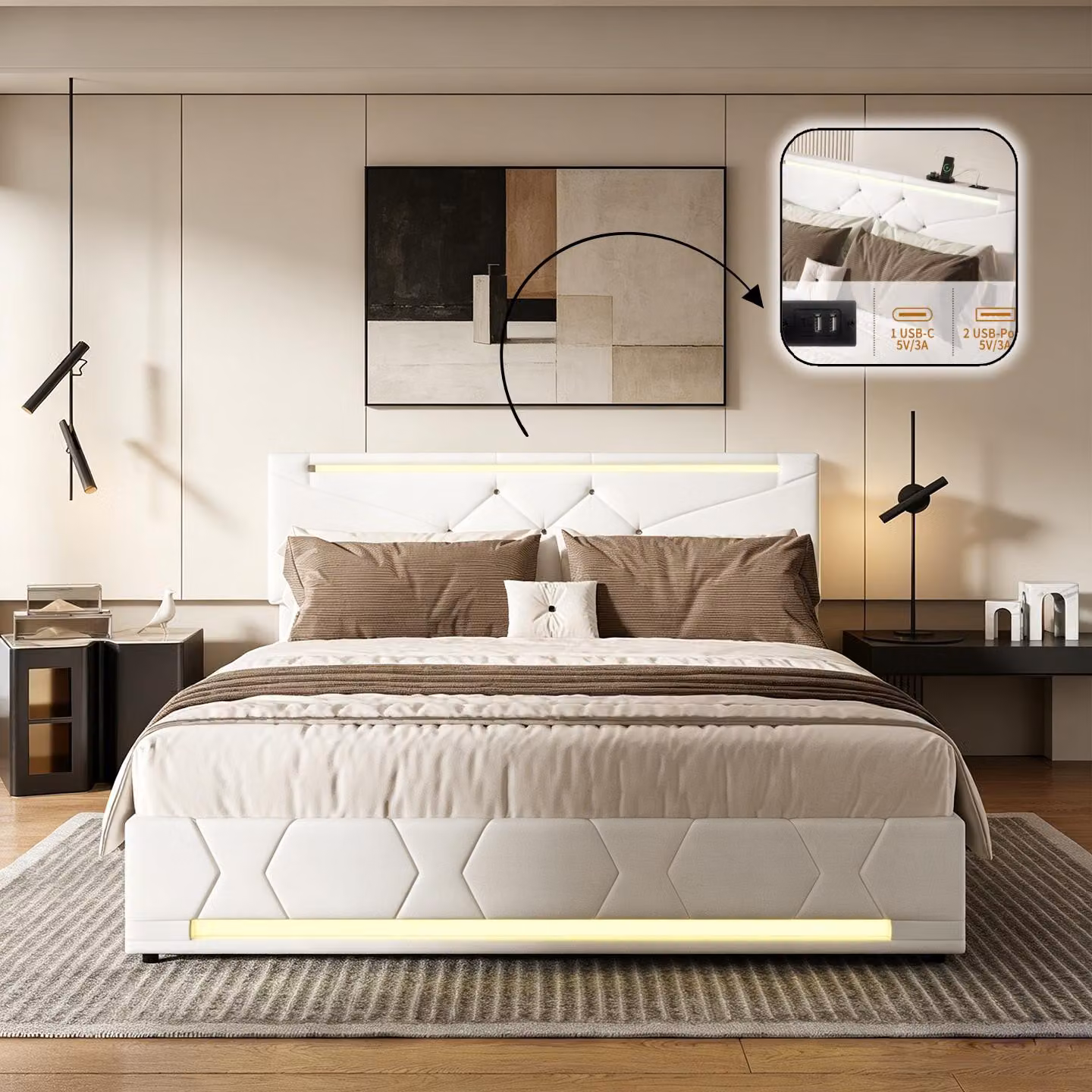 Letto con boxspring INONEFT, 160x200 cm, letto imbottito con spazio contenitore ad apertura idraulica, letto matrimoniale per ragazzi con illuminazione LED e prese USB, colore beige lino