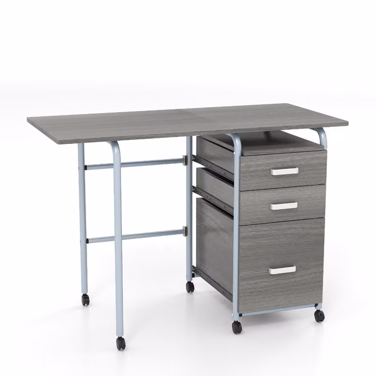 Scrivania pieghevole Costway con 3 cassetti e ruote bloccabili, tavolo da scrittura moderno in metallo e MDF Grigio