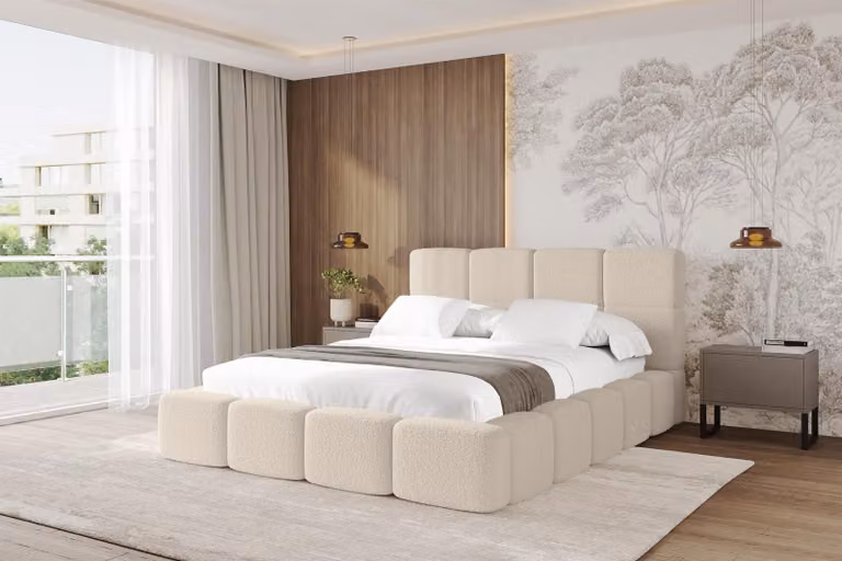 Letto imbottito ALTDECOR con contenitore - NATA 120x200 beige scuro, letto con testiera, letto contenitore con materasso H3/H4, letto matrimoniale con contenitore