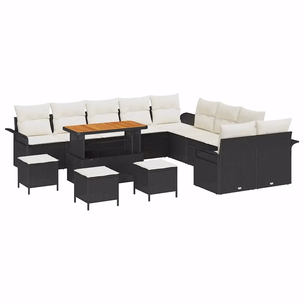 vidaXL Set Divano da Giardino 14 Pezzi con Cuscini Nero e Beige in Acciaio e Legno di Acacia – 2
