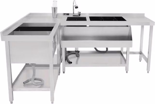 Postazione da Cocktail KuKoo in Acciaio Inox Argento con Pozzo Ghiaccio e Unità Angolare Modulare L: 135,0 cm, P: 68,5 cm, H: 84,2 cm