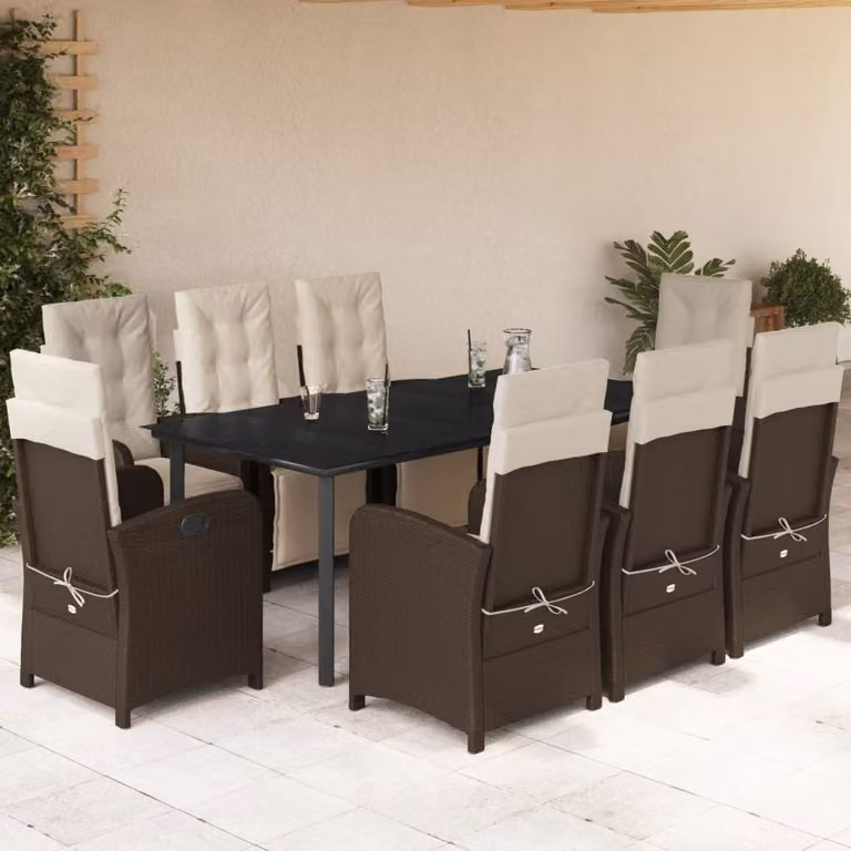 Set da Pranzo da Giardino vidaXL in Polyrattan Marrone con 9 Pezzi e Cuscini