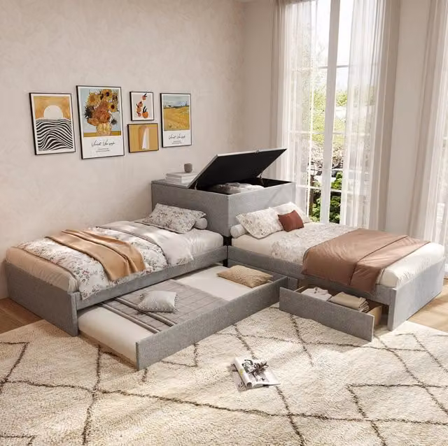 Letto angolare con letto estraibile; vano contenitore e 2 cassetti; rete a doghe; 90x200 cm; lino grigio