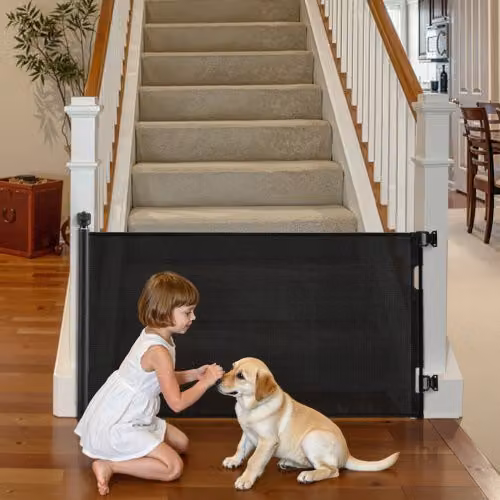 VEVOR Cancelletto Retrattile, Estensibile Fino a 1850 mm di Larghezza, 795 mm di Altezza, con Blocco di Sicurezza, Attraversabile Senza Inciampare, Cancelletto in Rete per Cani Scale, Nero