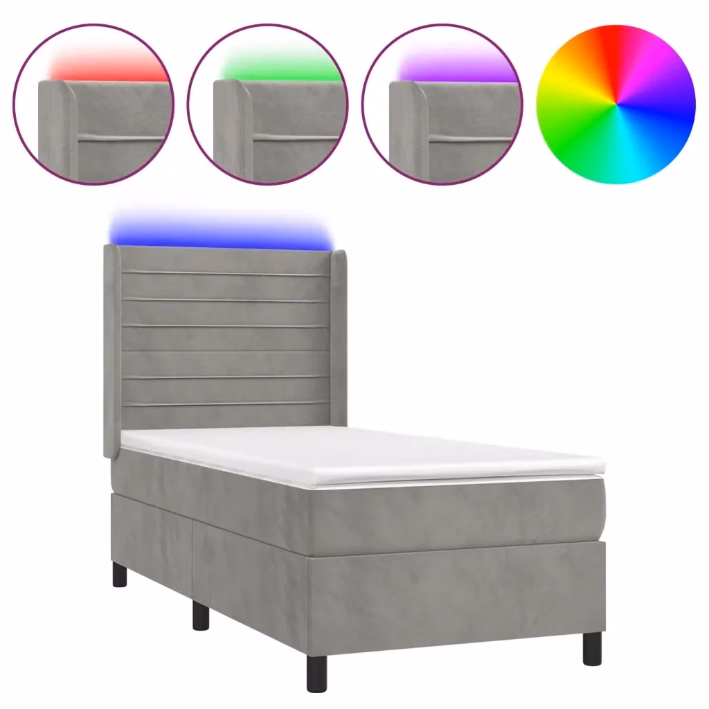 Letto Moderno con Materasso Ibrido vidaXL in Velluto Grigio con Illuminazione LED e Porta USB, L/P: 80 x 200 cm – 2