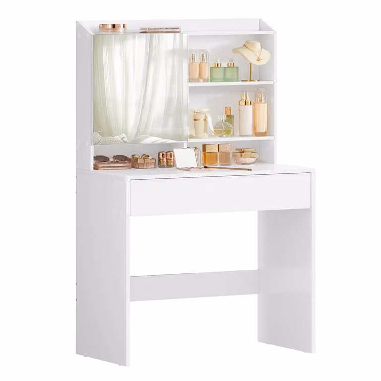 Stile Moderno Tavolo da Trucco con Armadietto Specchio, Bianco / Toeletta con Specchio (1 Cassetto)