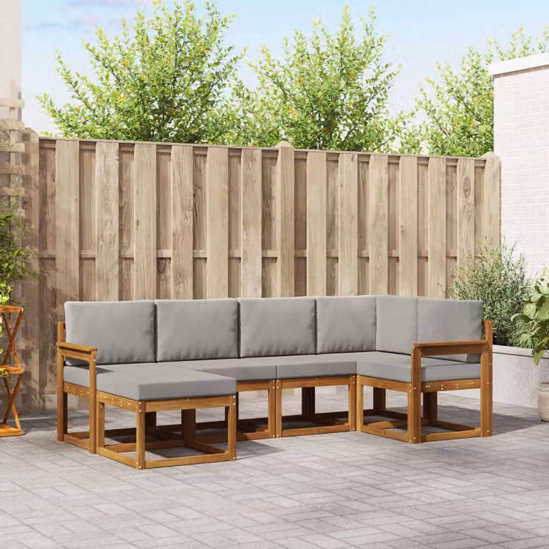 vidaXL Set di divani da esterno a L composto da 6 pezzi in legno di acacia con cuscini, Grigio e Marrone