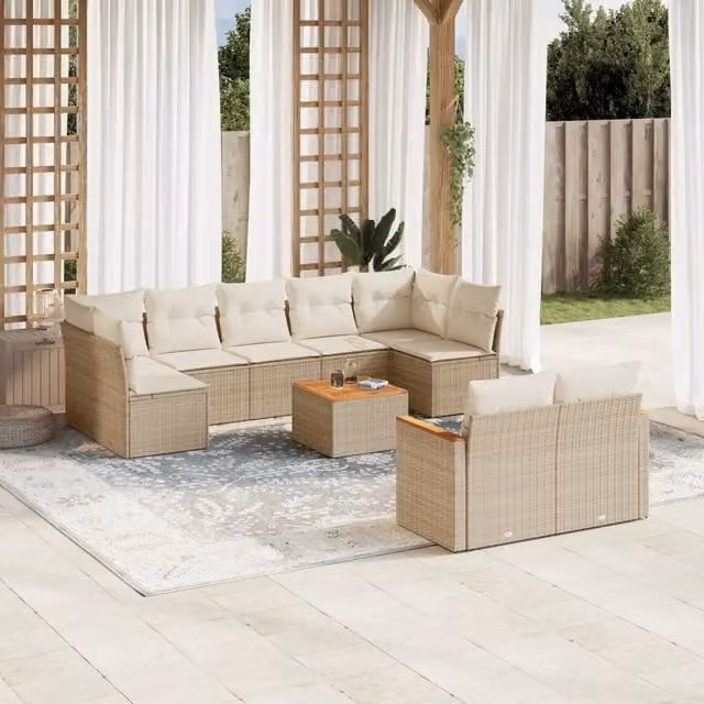 Set Divano da Giardino a Forma di U vidaXL in Polyrattan Beige con Cuscini e Tavolino da Esterno – 1