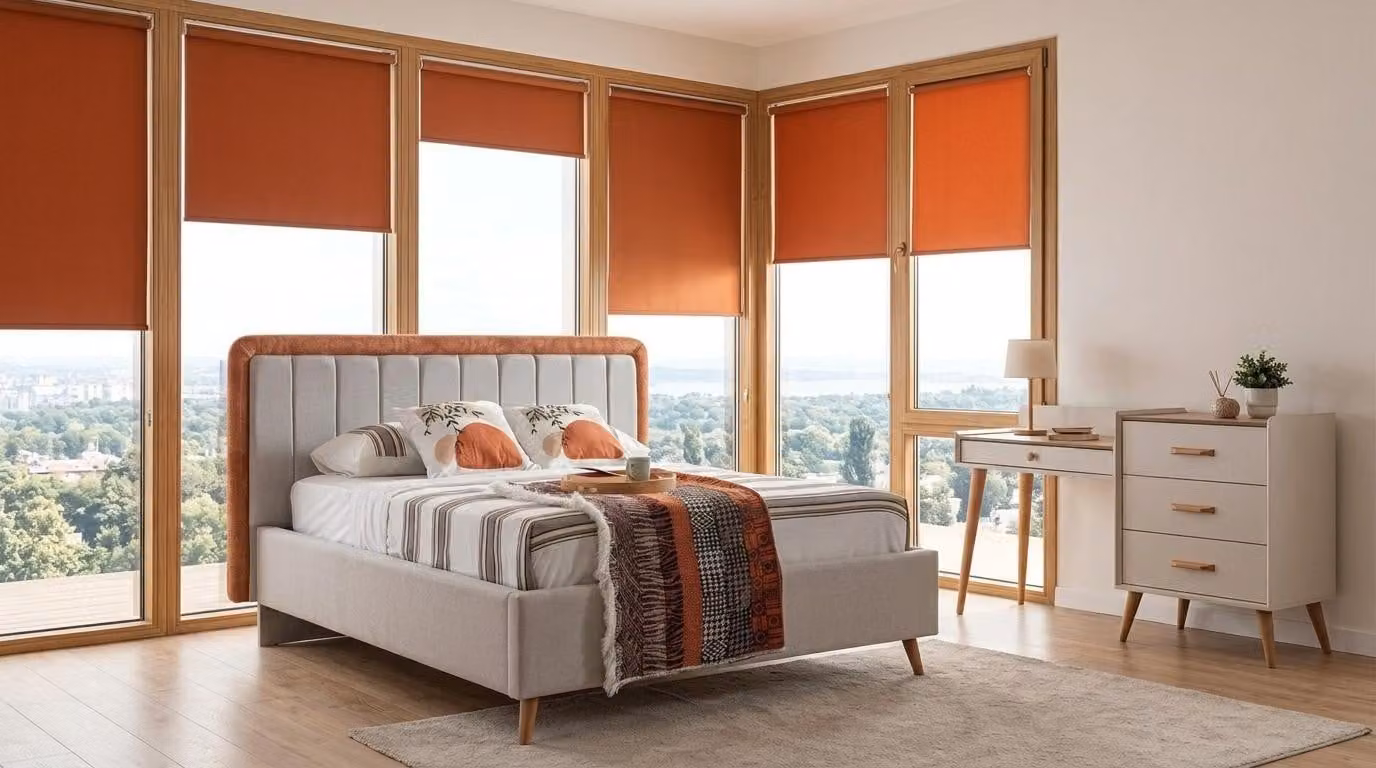 Set per camera da letto: letto, comodino. Stile moderno, colori chiari, design minimalista, comfort elevato