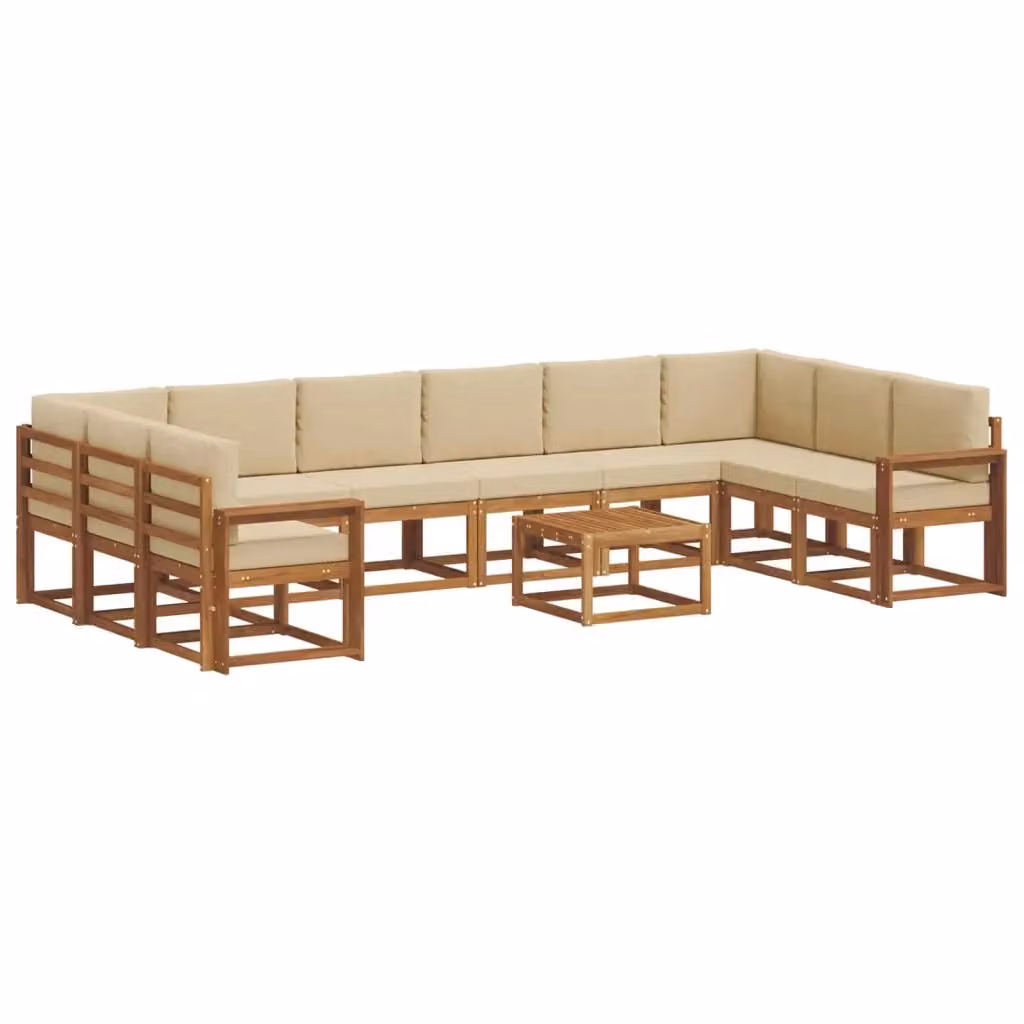 Set di divani da esterno vidaXL a forma di L composto da 11 pezzi in legno di acacia con cuscini beige e marrone – 2
