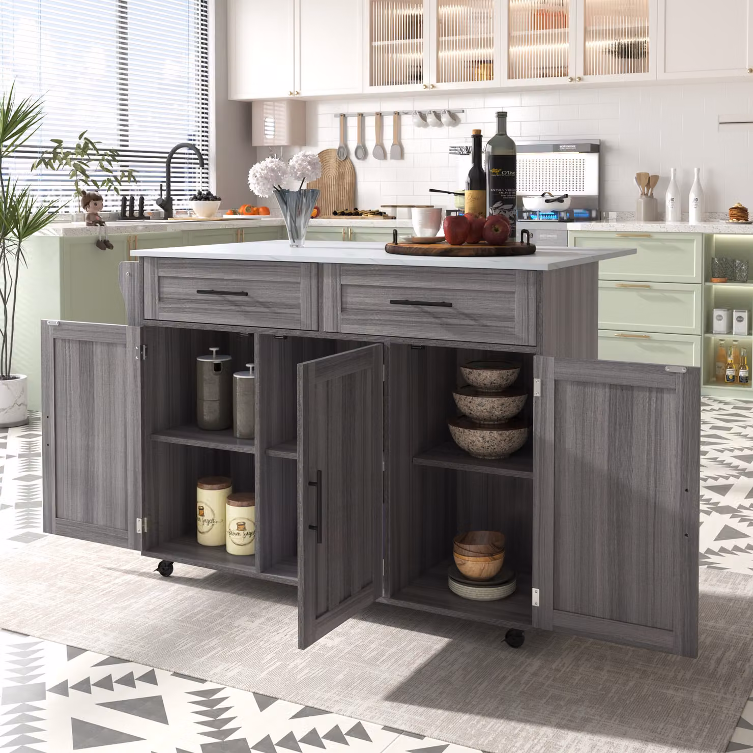 Isola da cucina STILVORA con piano di lavoro ribaltabile, anta portaoggetti e rotelle, carrello da pranzo su 5 ruote con armadietti e 2 cassetti, mobile buffet per la sala da pranzo, grigio