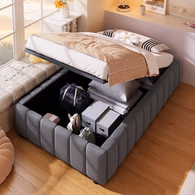 Letto singolo imbottito 90x200cm con deposito idraulico; senza testiera in grigio