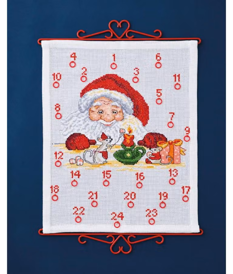 Kit per ricamo a punto croce, calendario dell'Avvento con tema natalizio: Babbo Natale e topolini, dimensioni 38x46 cm
