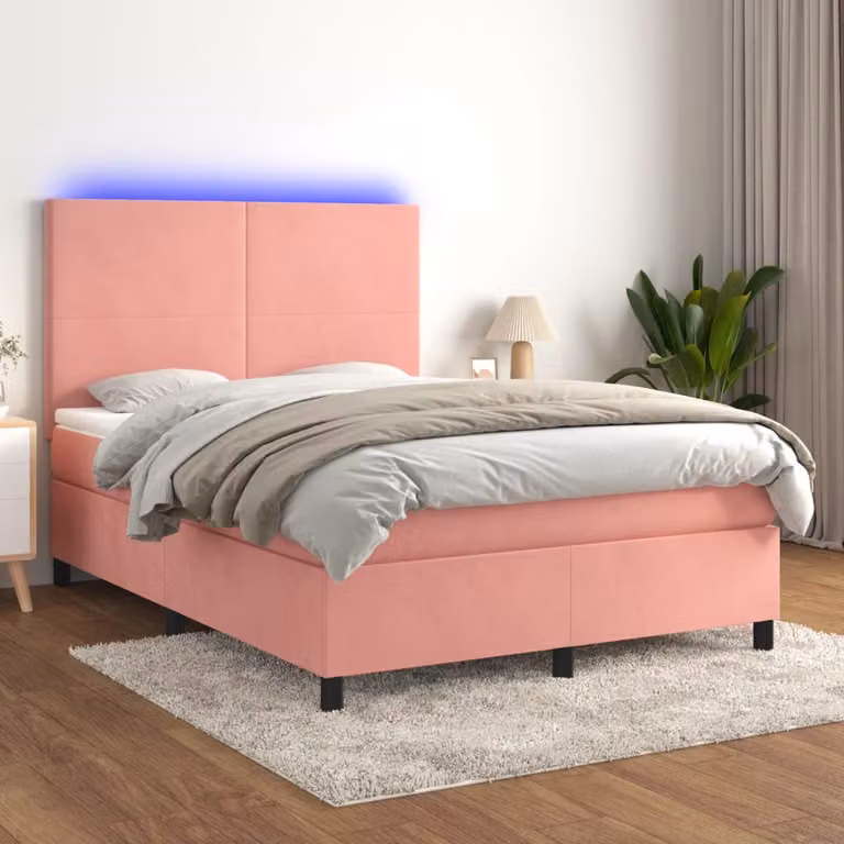 Letto a Molle con Materasso e LED vidaXL in Velluto Rosa, L/P/H: 140 x 200 x 203 cm