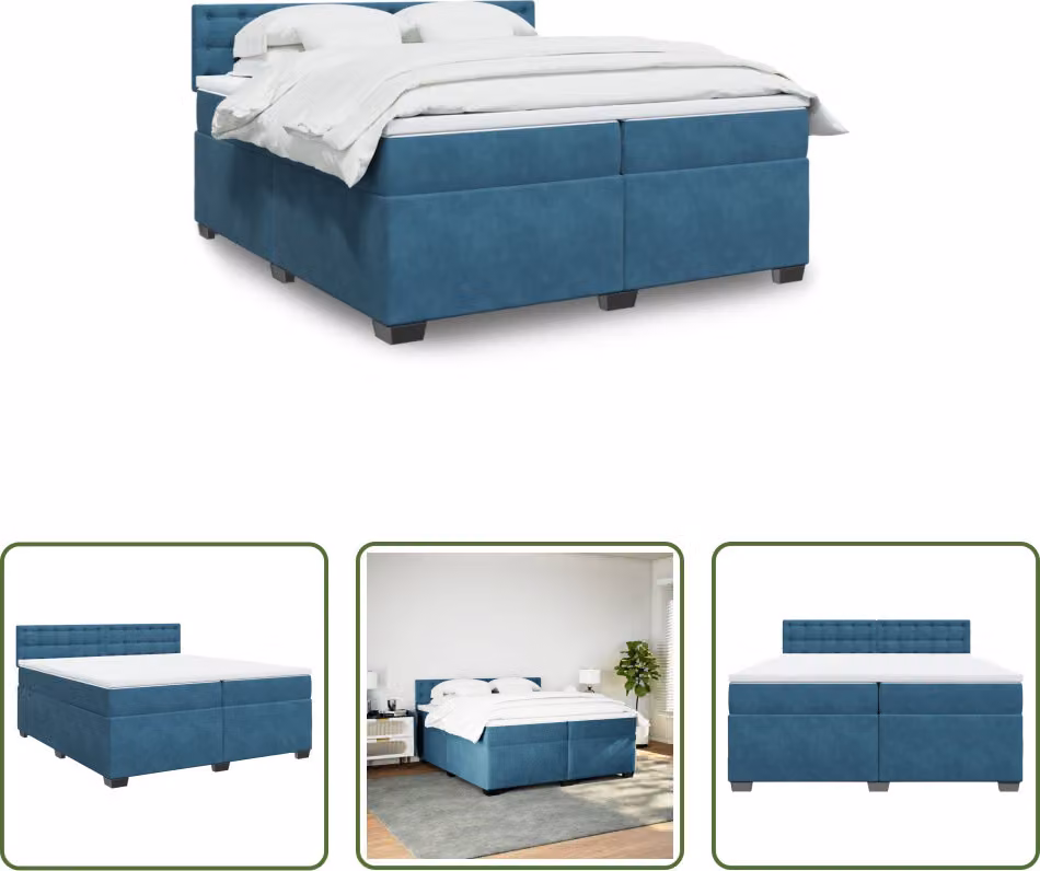 The Living Store Letto a molle con materasso blu 200x200 cm in velluto