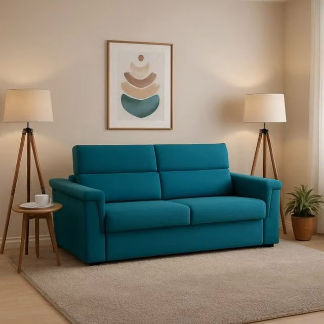 Divano Letto 2 Posti Tenna DMORA con Rivestimento Sfoderabile in Tessuto Azzurro, L: 185 cm, P: 95 cm – 1