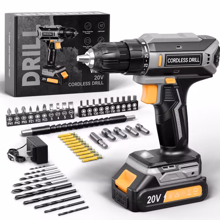 Trapano avvitatore a batteria da 20V - Coppia di 42 Nm - Kit accessori da 56 pezzi - Materiali: plastica e metallo - Avvitatore elettrico