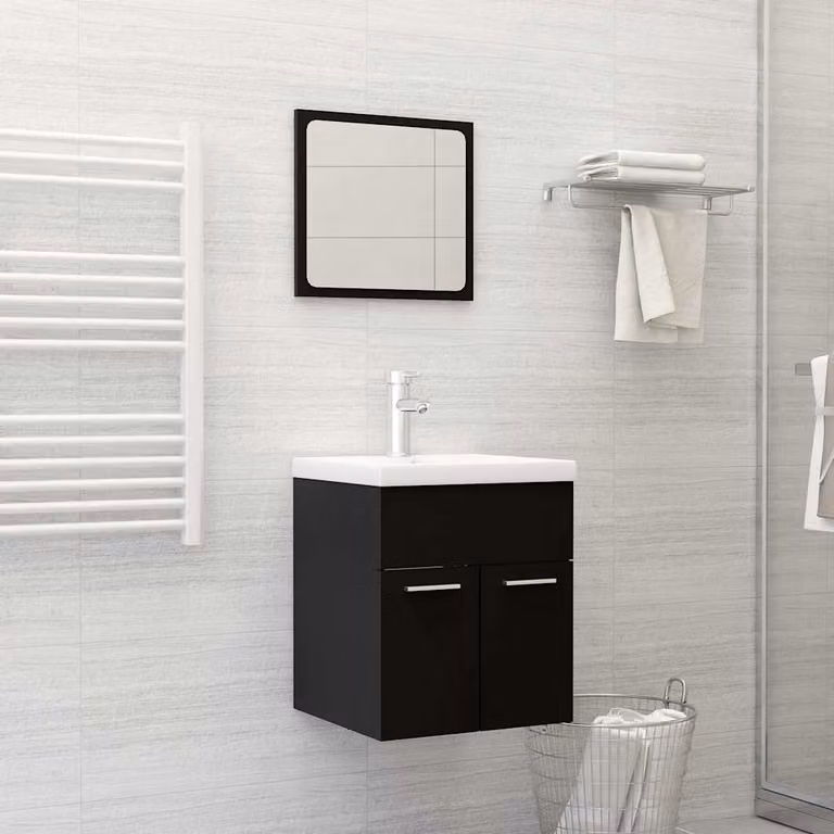 Set Mobili da Bagno Moderno vidaXL Nero con Mobile Lavabo e Armadietto Specchio a Parete