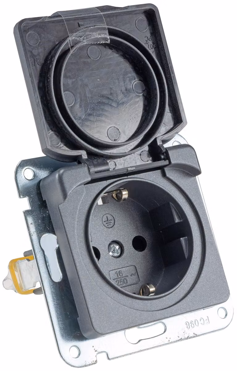 Presa MILOS con contatto di terra IP40 250V~/ 16A, con coperchio, da incasso, antracite