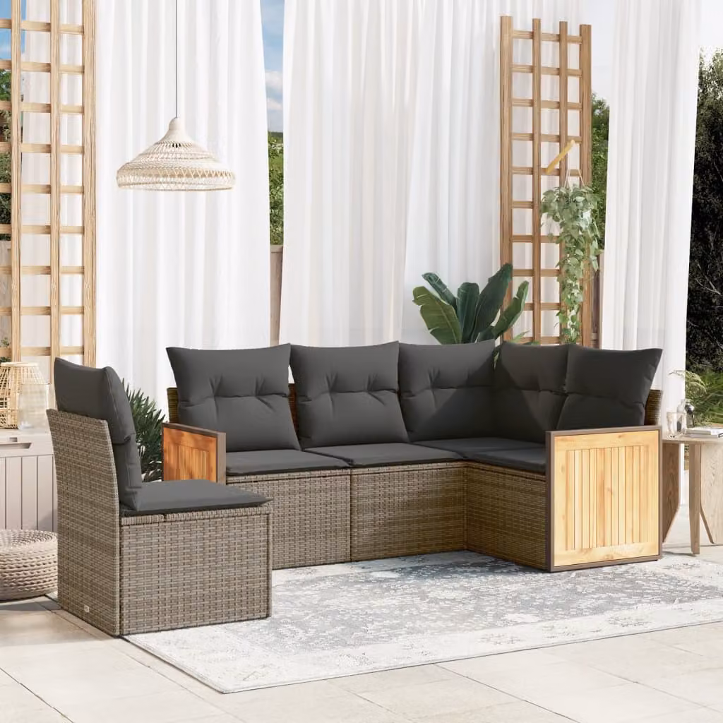 vidaXL Set Divano da Giardino a L 5 pz in Polyrattan Grigio con Cuscini Imbottiti e Rivestimenti Rimovibili – 1