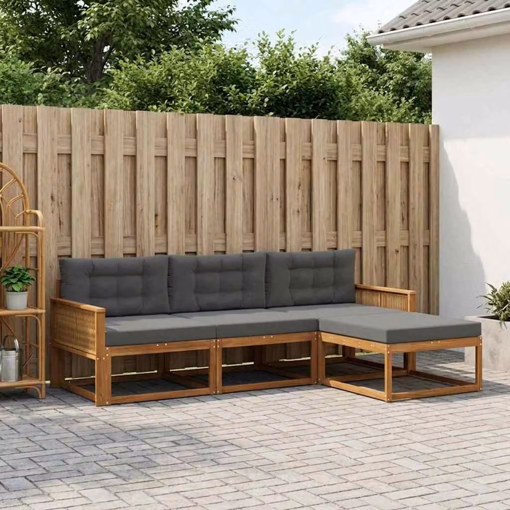vidaXL Set di divani da esterno a L in legno di acacia con pouf e cuscini, Marrone e Antracite