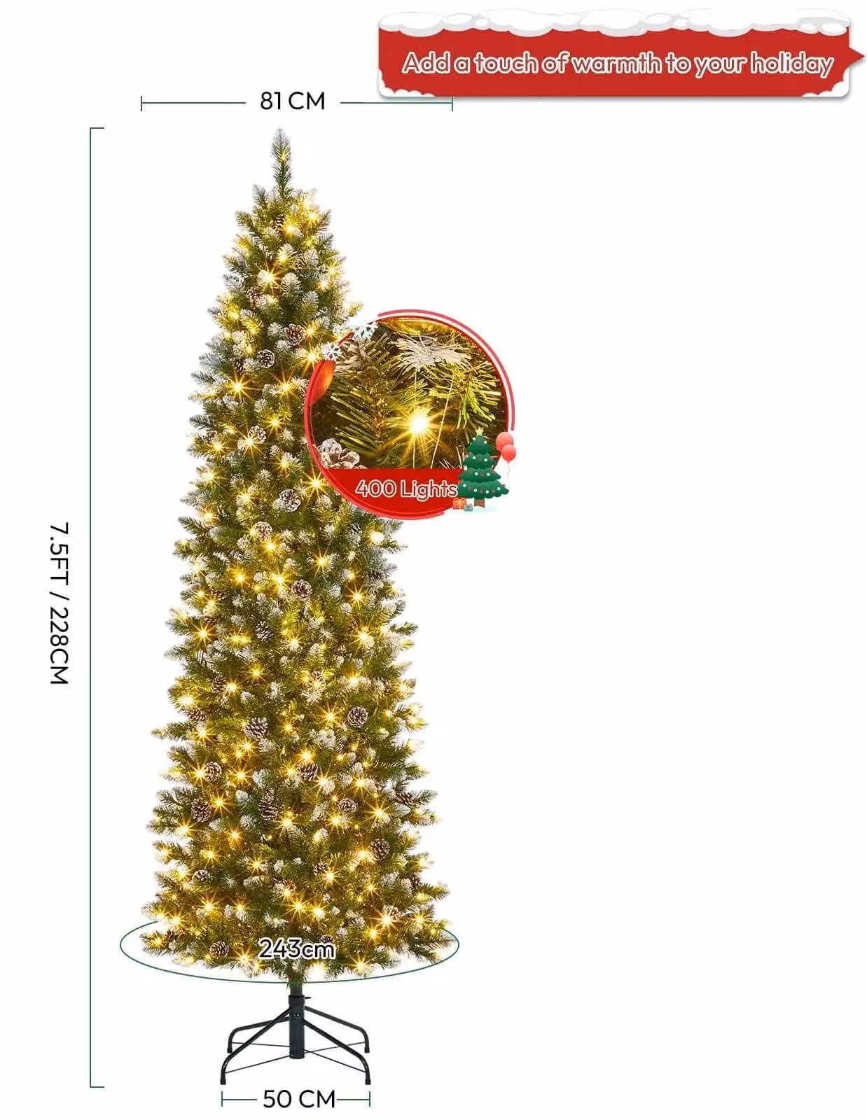 Albero di Natale artificiale, modello stretto, altezza 229 cm, con neve artificiale, rami misti, sistema di apertura automatica e decorato con pigne
