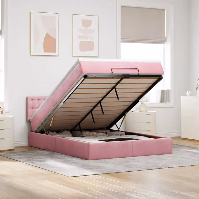 Struttura Letto Pouf con Materasso Rosa 140x190 cm in Velluto 3312769