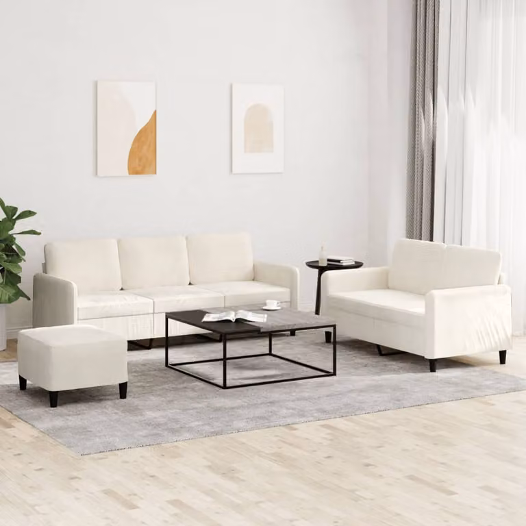 Set di divani 3 pezzi vidaXL in velluto beige con pouf e cuscini per soggiorno moderno