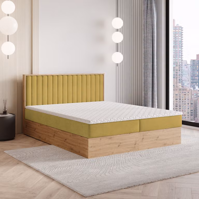 Letto a molle Masseno VARELI 180x200 cm completo di materasso e topper Bonell, letto imbottito con cassettiera -Giallo, SORO 40
