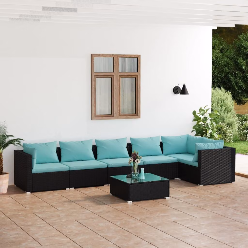 The Living Store Set da giardino 7 pezzi con cuscini in poly rattan nero
