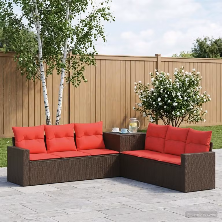 Set di divani da giardino vidaXL a forma di L composto da 7 pezzi in rattan sintetico e acciaio con cuscini marroni e rossi